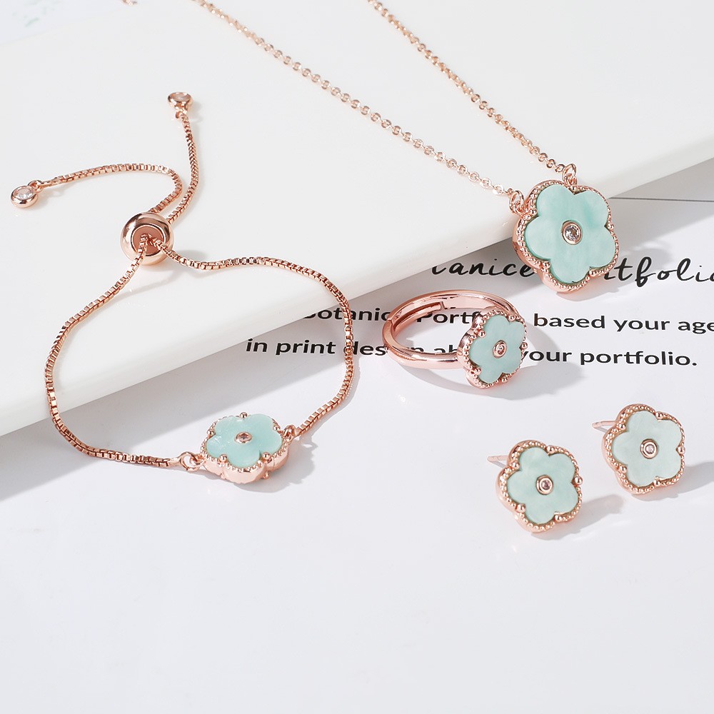Gold Flower Bracelet Ring Earrings Bracelet Women's Suit