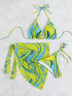 Ladies Halter Backless Beach Bikini Three Piece - Green - View 1