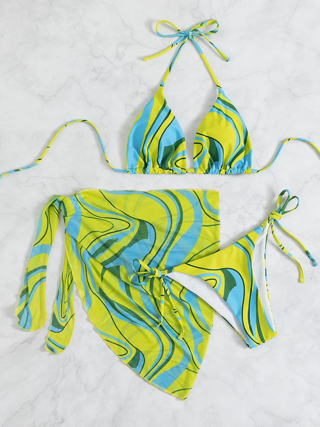 Ladies Halter Backless Beach Bikini Three Piece - Green