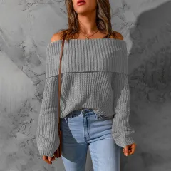 Women's Elegant Off-Shoulder Sweater, Textured Knit Long Sleeve Top For Winter Parties And Vacation - Light Gray - View 1