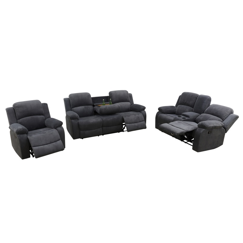 Pickup Only--Dark Grey Corduroy 3-Piece Living Room Recliner Sofa