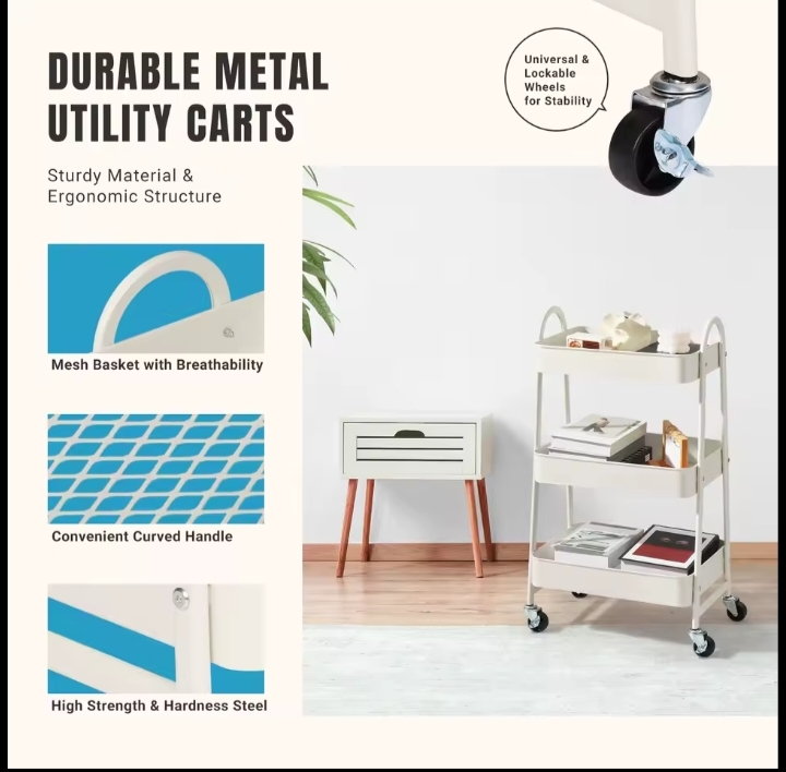 3 Tier Metal Storage Kitchen Cart With Lockable Wheels Mobile Shelving Unit Utility Rolling Organizer For Home Narrow Places 8