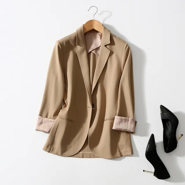 All match Three dimensional Cut One button Small Suit Jacket Women Khaki - Shop at LoveMi