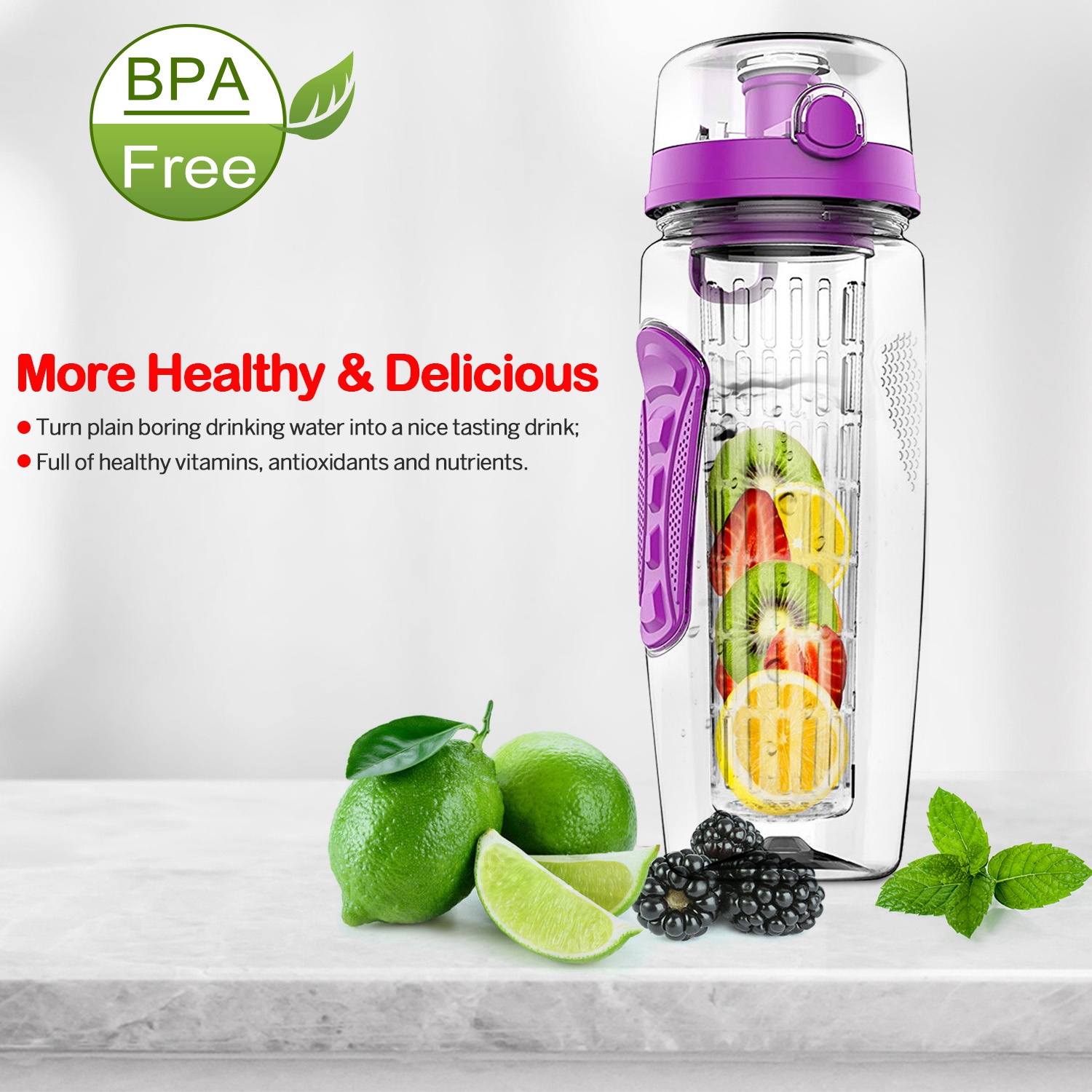 3 Color Options - 1Pc Fruit Infuser Water Bottle 32OZ Juice Shaker Sport With Flip Top Lid Anti-Slip Grips For Office Home Sport Running Walking Hiking - Image 5