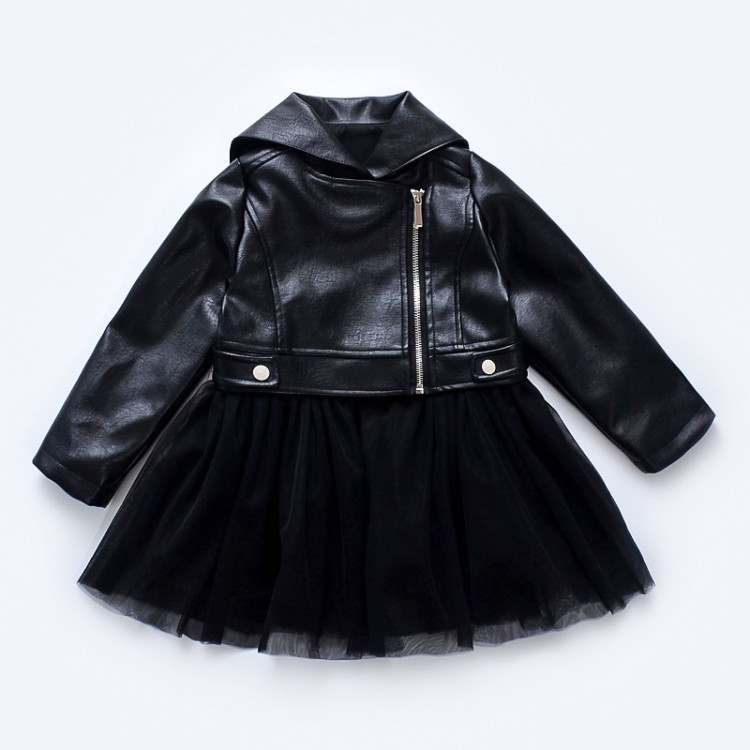 Girls' Stitched Leather Jacket Pu Leather Skirt