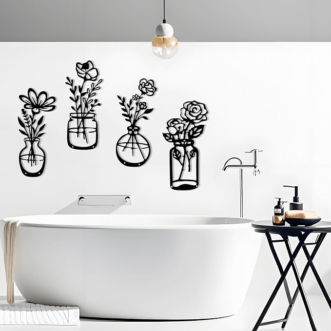 4-Piece Black Metal Flower Wall Art Set Rustic Farmhouse, picture 2 of 3