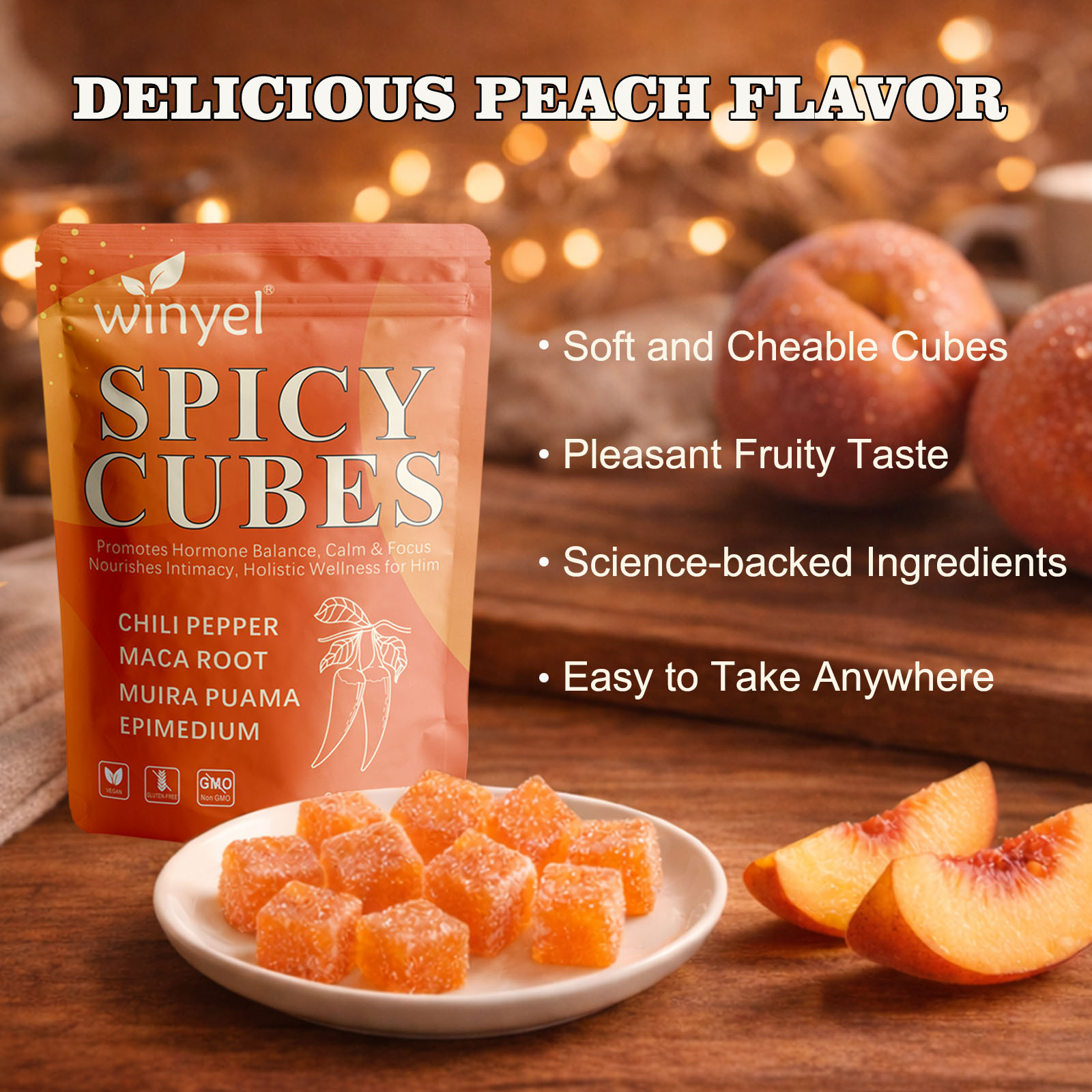 Spicy Cubes, Intimacy Gummies With Chili Pepper, Muira Puama, Maca Root, Epimedium, Helps Promote Hormone Balance, Calmness And Intimacy Wellness, Peach Flavor, 30 Gummies