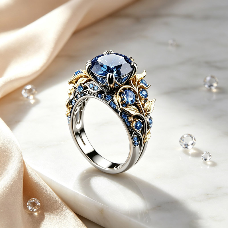 Vintage Blue Crystal Leaf Ring Silver Gold Tone Brass Women Statement Party Fashion Jewelry Botanical 3