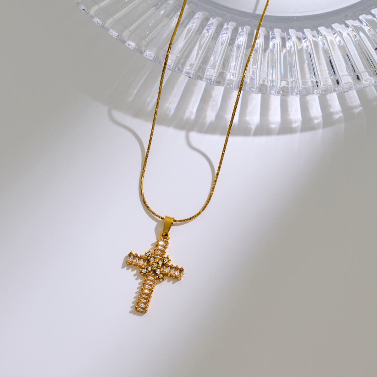 Stainless Steel Cross Pendant Necklace With Zircon Inlay