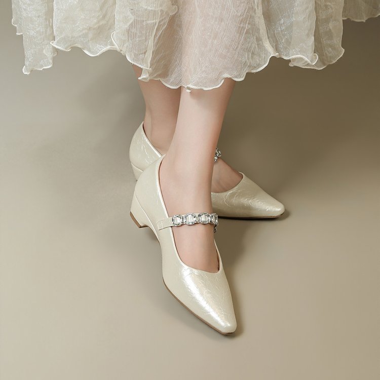 Women's Retro Mary Jane Block Heel Shoes, 2026 New Spring Summer Gorgeous PointedToe Rhinestone Onestrap Shallowmouth Pumps