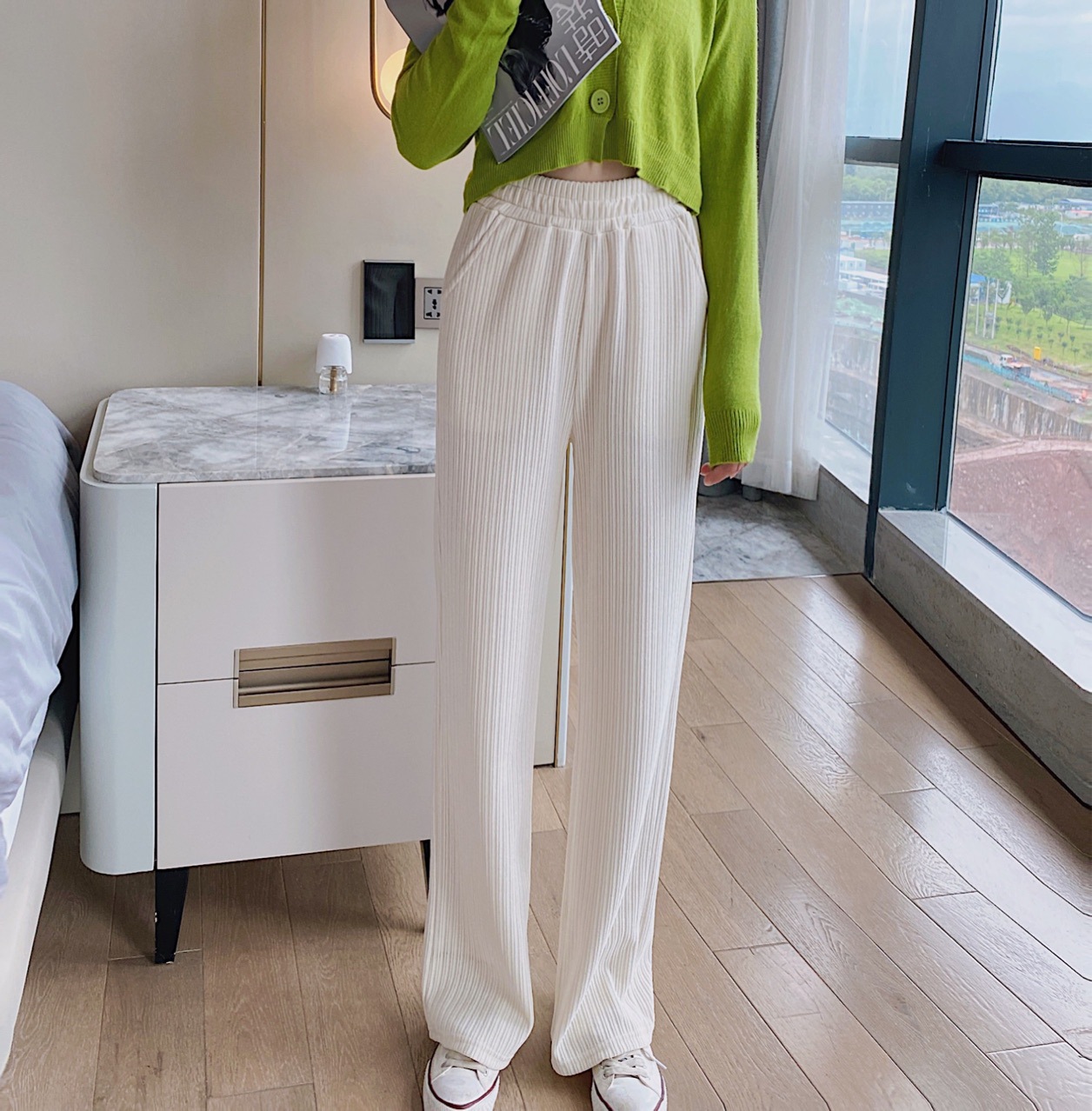 Title 2, Chenille White Wide-leg Pants Trousers High Wai...