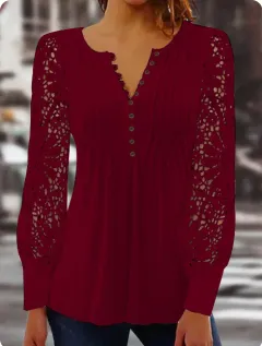 Spring Lace Long-sleeved V-neck Slim Short T-shirt Top - Red - View 1