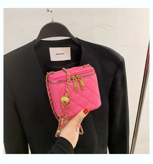 Western Style Box Bag Female Trendy Fashion Chain Shoulder Bag Rhombus Embroidery Thread Messenger Mini Square Bag Pink - Shop at LoveMi