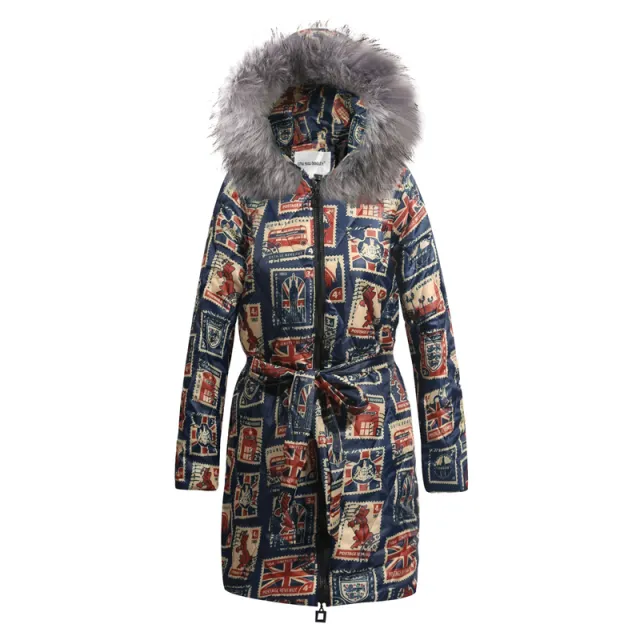 Long Plus Size Printing Retro Hooded Padded Jacket Cy2104Gy L - Shop at LoveMi