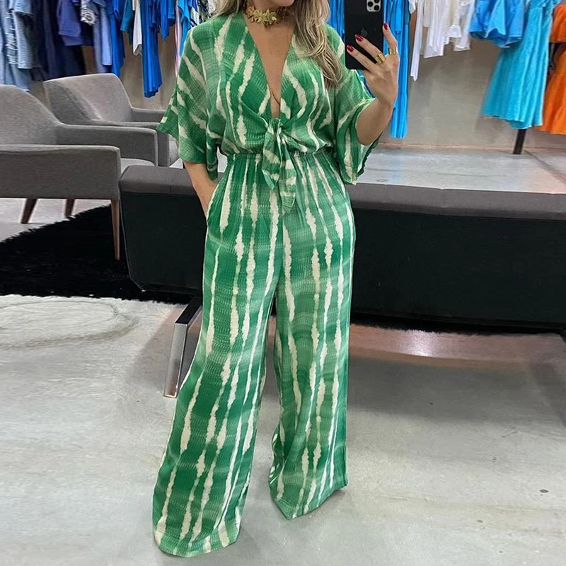 Personalized Print Lace Up V Neck Jumpsuit Cyan - Shop at LoveMi