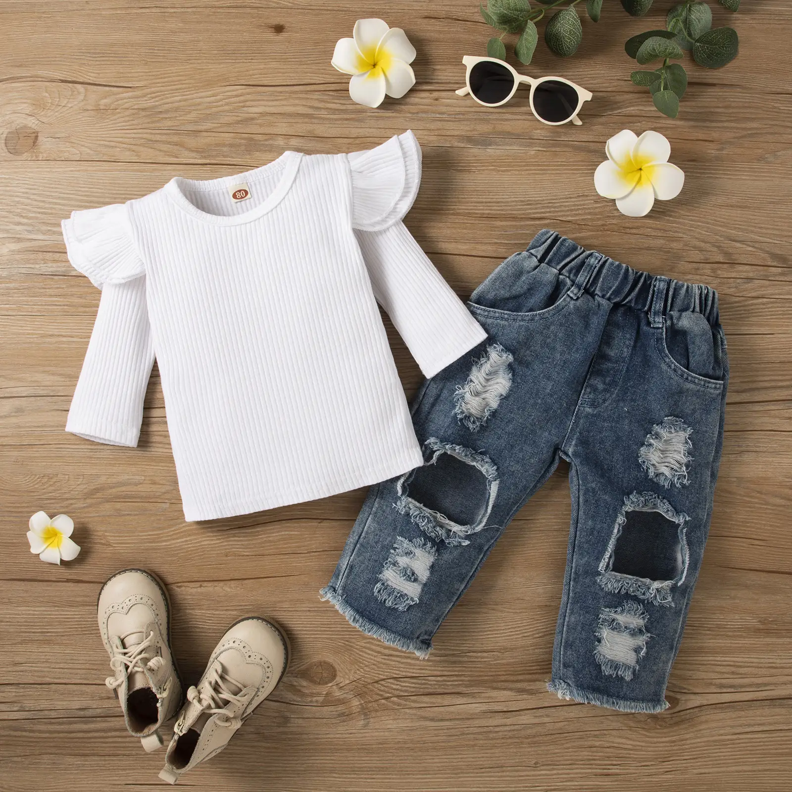 White Sunken Stripe Flounced Sleeve Long Sleeve T-shirt Denim With Hole Suit
