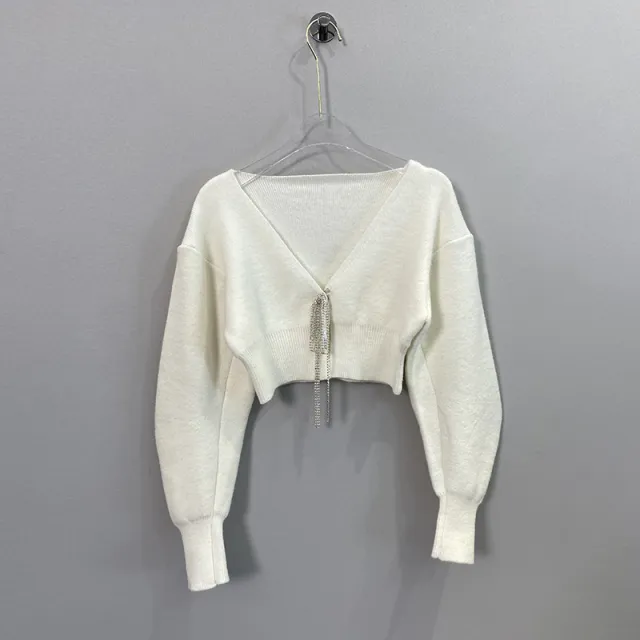 V neck Long sleeved Sweater Women's Short Coat Offwhite - Shop at LoveMi