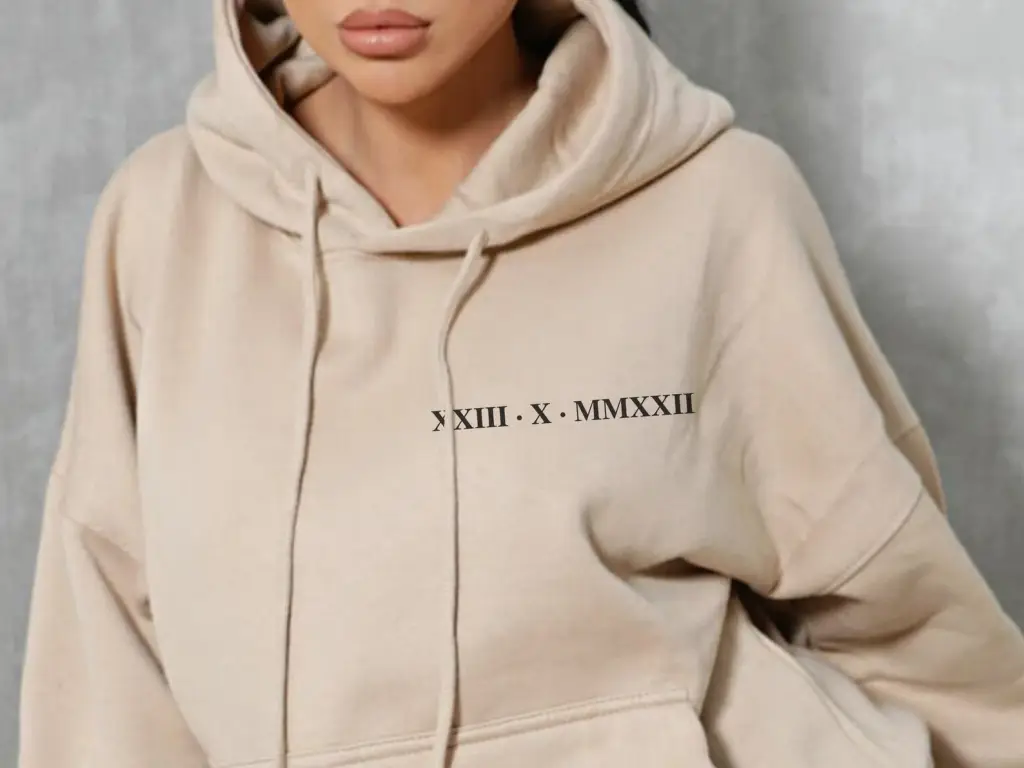 Women's Roman Numeral Printed Hoodie - Beige