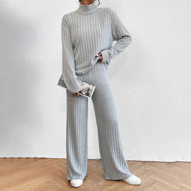 Women's Solid Color 2 Piece Set High Neck Long Sleeve Top & Pants, Striped Loungewear For Fall&Winter Gray - Shop at LoveMi