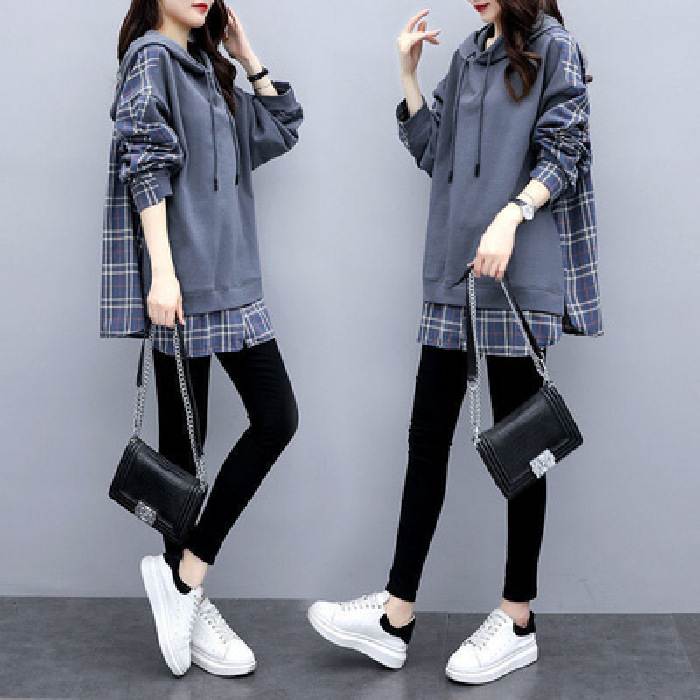 Title 3, Plaid Stitching Fake Two-Piece Hooded Sweater W...