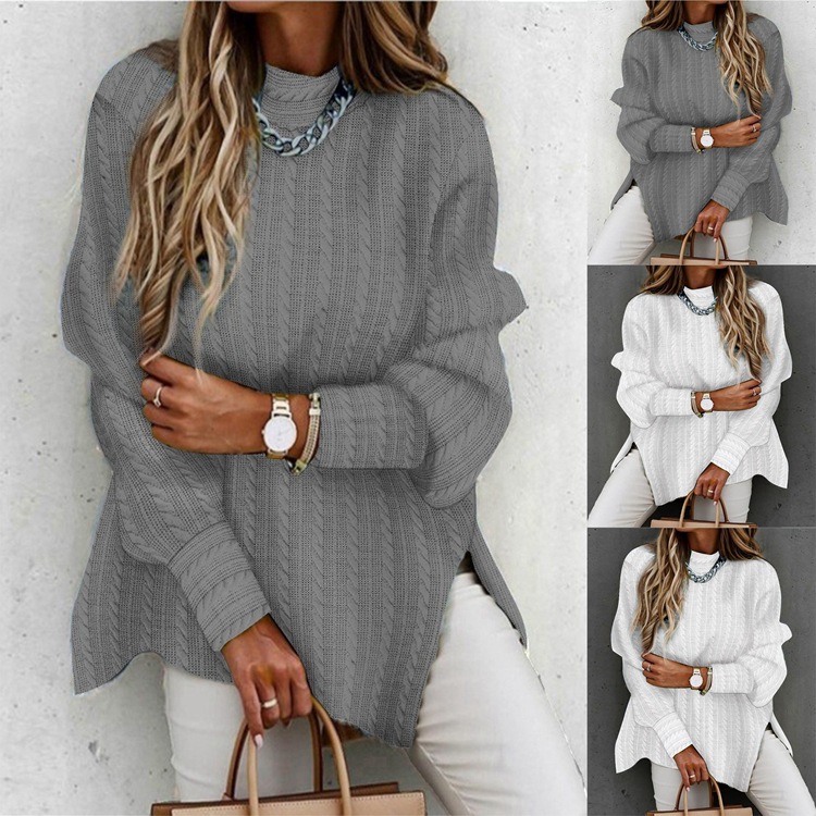 Solid Color Half High Collar Slit Hem Women's Blouse