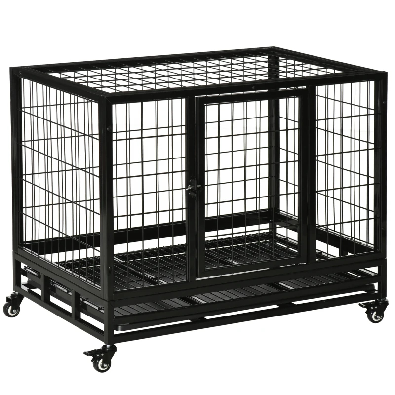 PawHut Heavy Duty Dog Crate With Removable Tray, Lockable Wheels And Double Door, For Medium And Large Dogs, Black