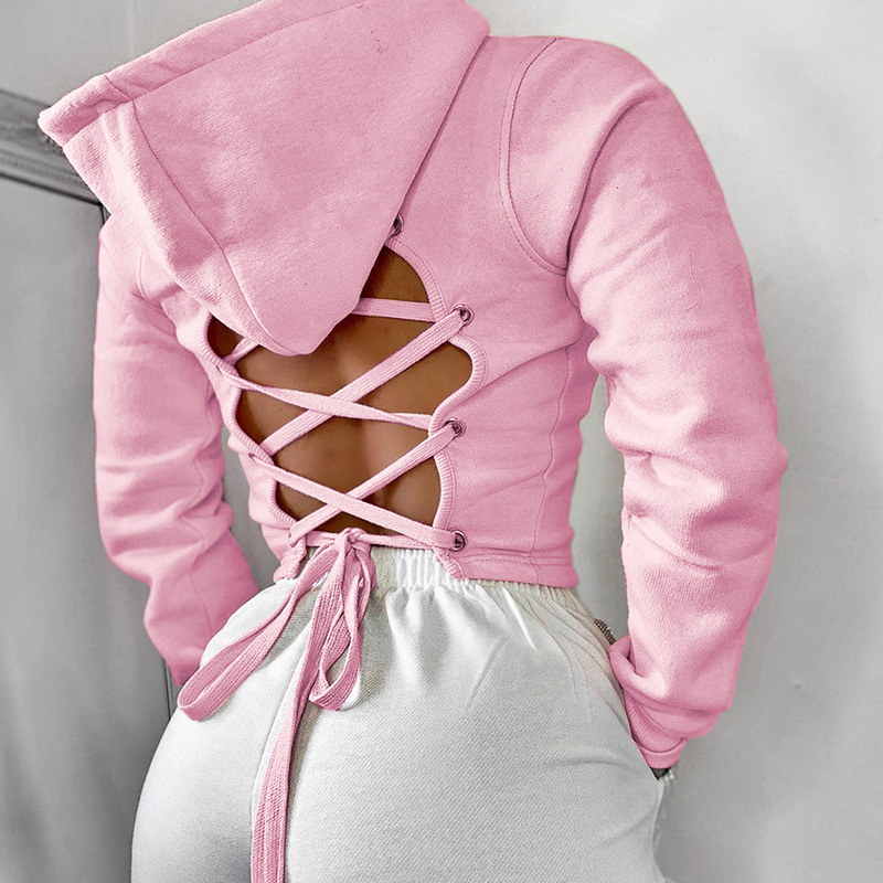 Title 5, Short cut-out lace-up hooded sweater solid colo...