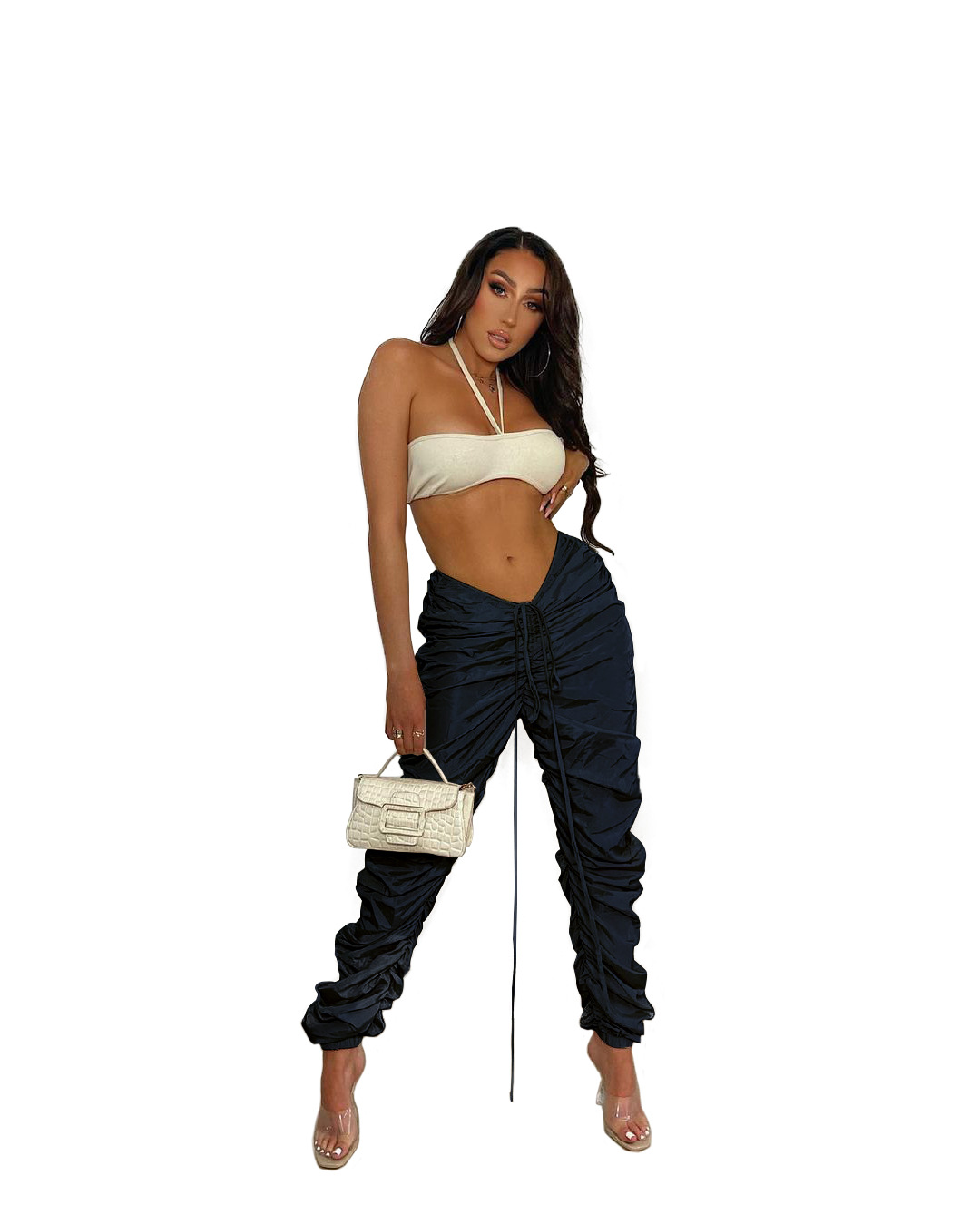 Fashionable New Solid Color Memory Fabric Pleated Drawstring Sports Casual Pants Navy Blue - Shop at LoveMi