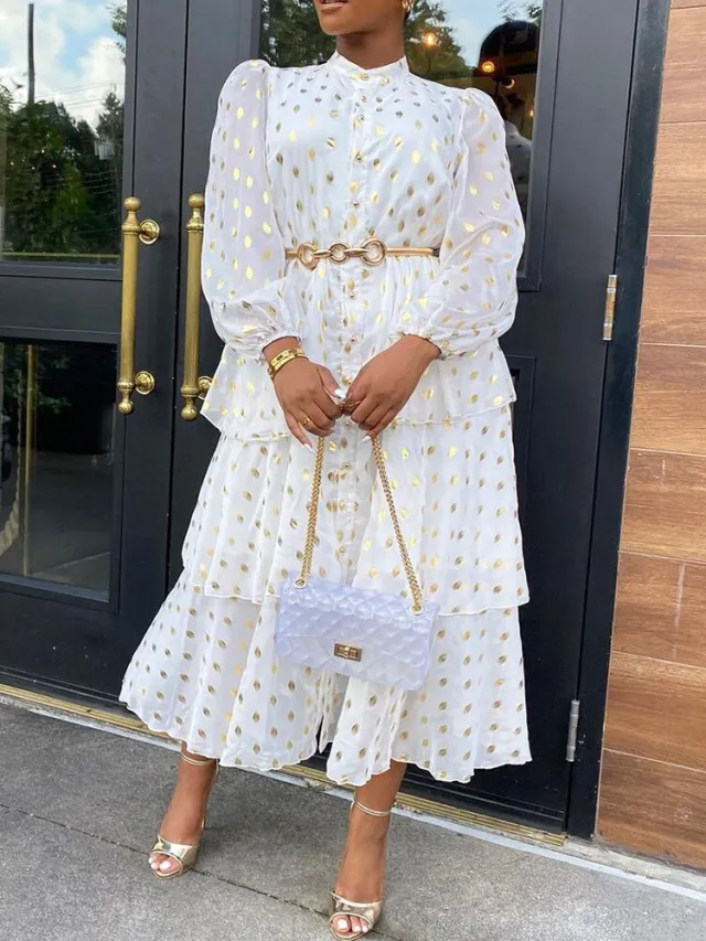 Chiffon White Print Loose Waist Temperament Commuter Dress White - Shop at LoveMi