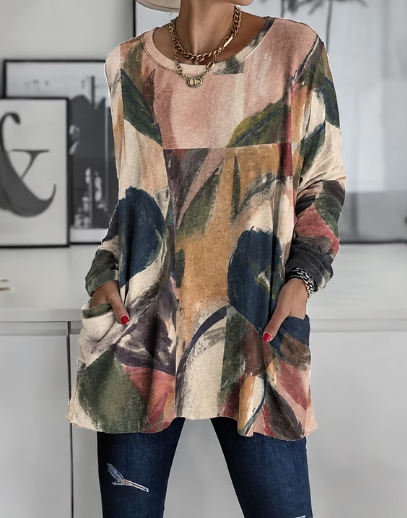 Beige Vintage Abstract Art Long Sleeve Tunic Top With Pockets product image
