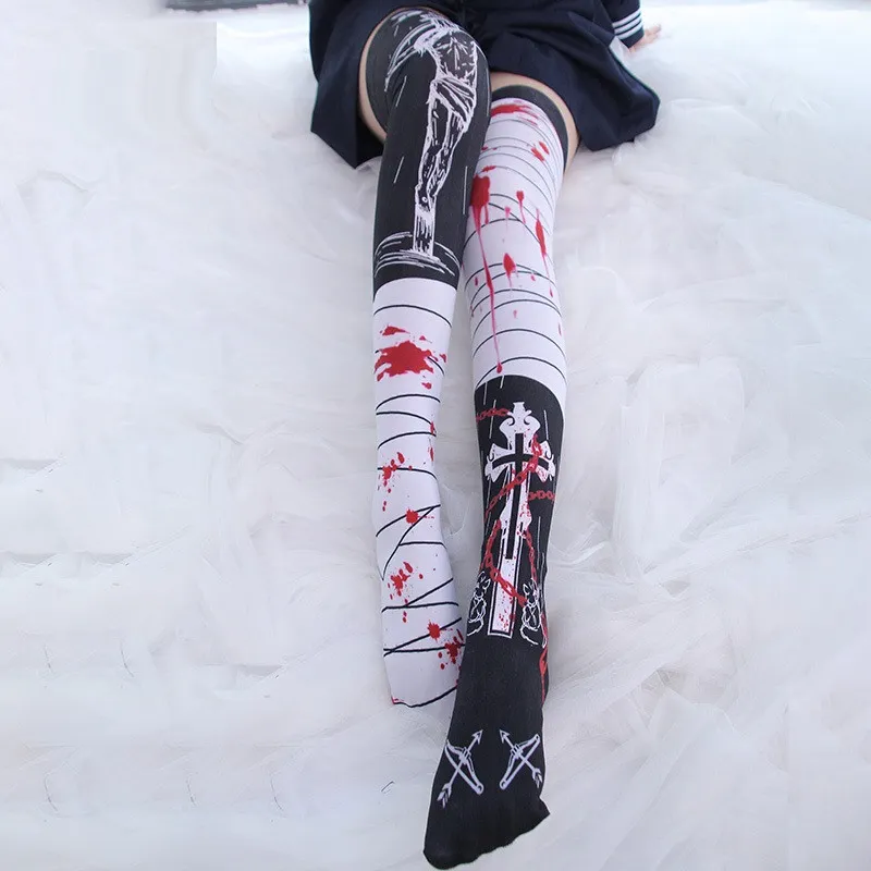 Anime Japanese Cartoon Knee Print Underpin Loli Girls' Medium Tube Stockings - Black White