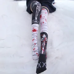 Anime Japanese Cartoon Knee Print Underpin Loli Girls' Medium Tube Stockings - Black White - View 1