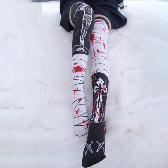 Anime Japanese Cartoon Knee Print Underpin Loli Girls' Medium Tube Stockings Black White - Shop at LoveMi