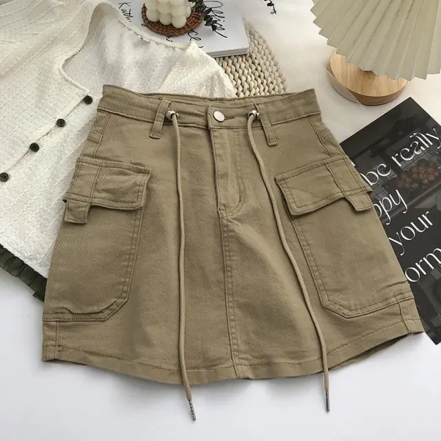 Women's Side Drawstring High Waist Denim Skirt Khaki - Shop at LoveMi