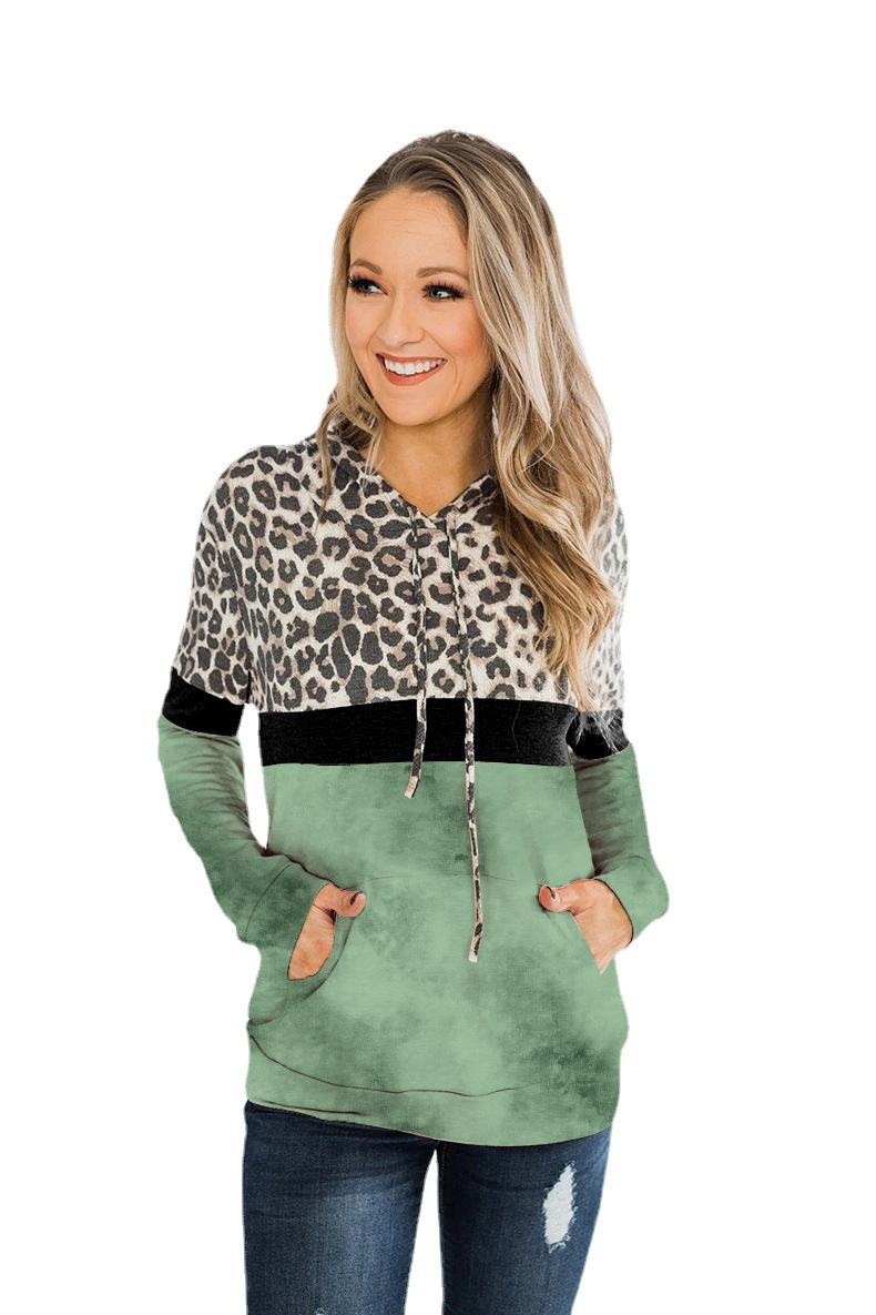 Winter Leopard Print Tie-Dye Paneled Long Sleeve Pocket Hoodie