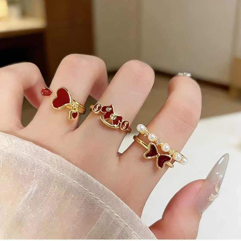 2026 Horse Year Fortune Ring For Women, Light Luxury Vintage Bow Open Ring, Birth Year Red Limited Edition Index Finger Ring, Single Piece 3-Piece Set
