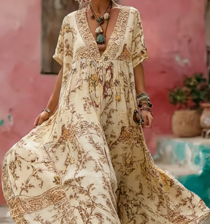 Women's Printed Elegant V-Neck Long Dress