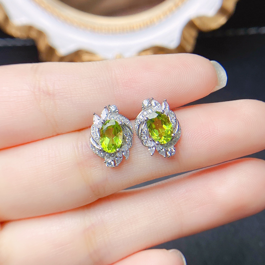 Title 3, Natural Olivine Stud Earrings S925 Silver Inlai...