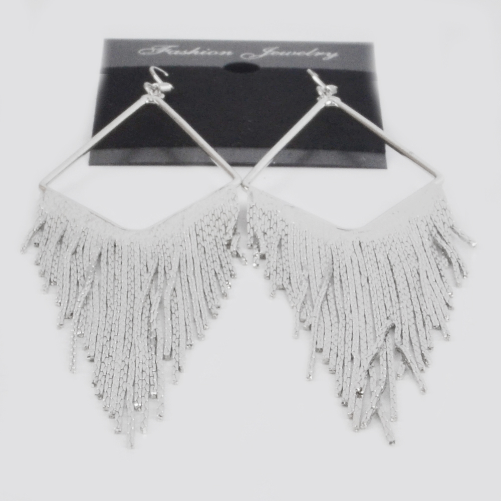 Bohemian Ethnic Style Gold And Silver Large Diamond-shaped Long Tassel Earrings