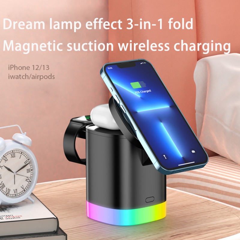 3-in-1 wireless charger for mobile phone, smart watch, and AirPods, sleek design for fast charging.