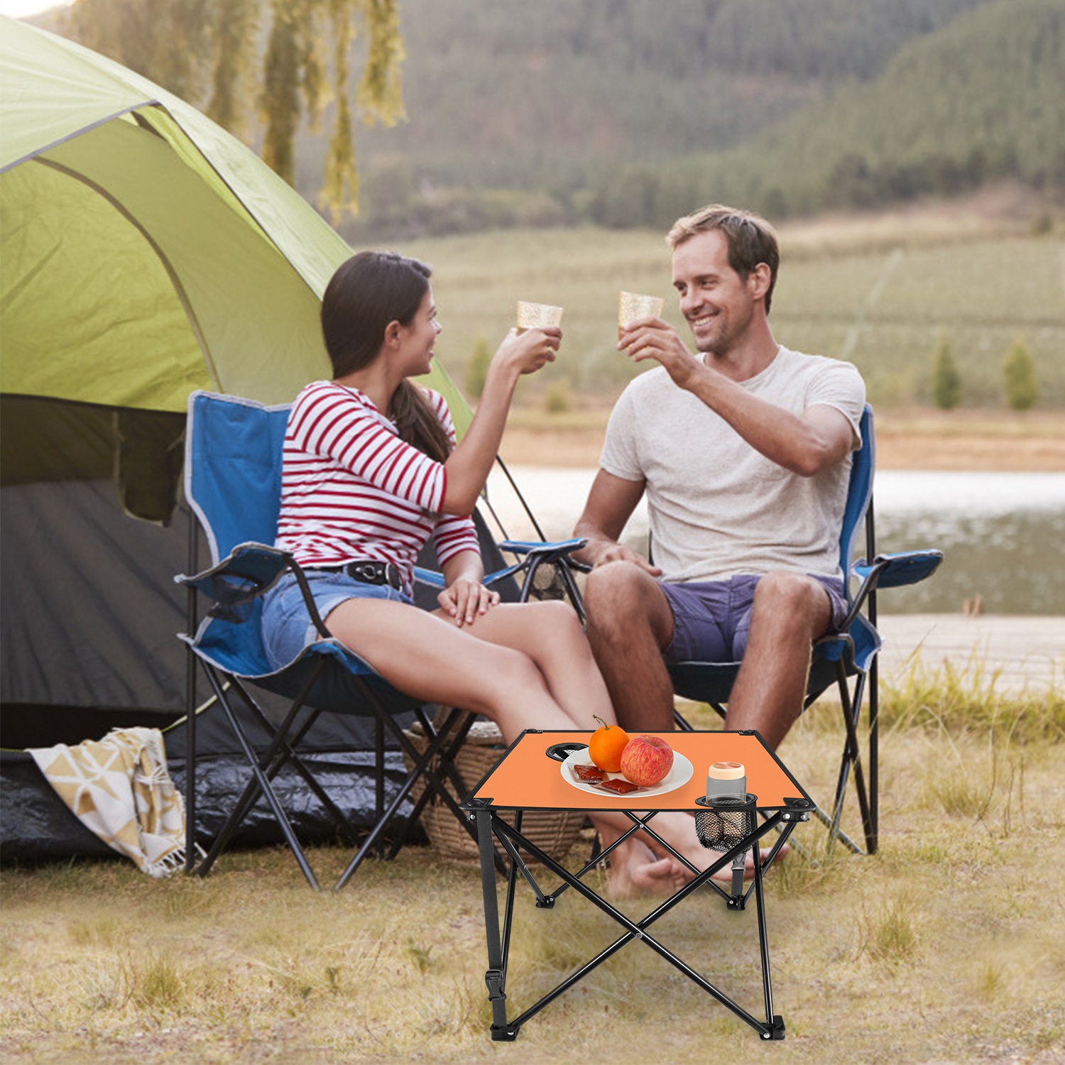 1Pc 2Pc Options Foldable Camping Table Portable Picnic Table Lightweight Travel Desk With 2 Cup Holders Carrying Bag Color Options Black Orange Green Red Blue Navy Blue image 35