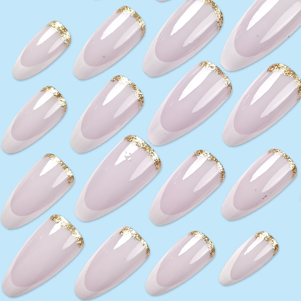 24-piece Long Almond-shaped Press-on Nail Glitter With Gold Edge Design Nail Art Set.Suitable For Parties,dances Or Daily Wear.