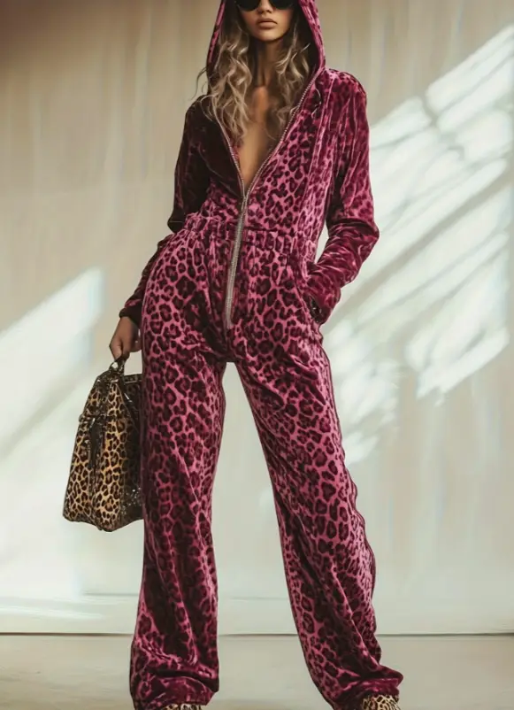Leopard Print Velvet Hooded Zip-up Jumpsuit