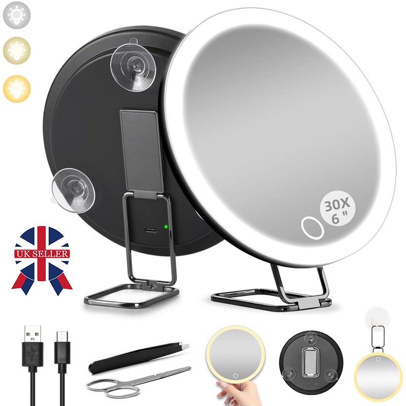 30X Magnifying Mirror With Lights, Large 6'' Makeup Magnifying Mirror, 3Lighted