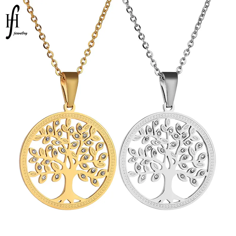 Stainless Steel Rhinestone Tree Of Life Pendant