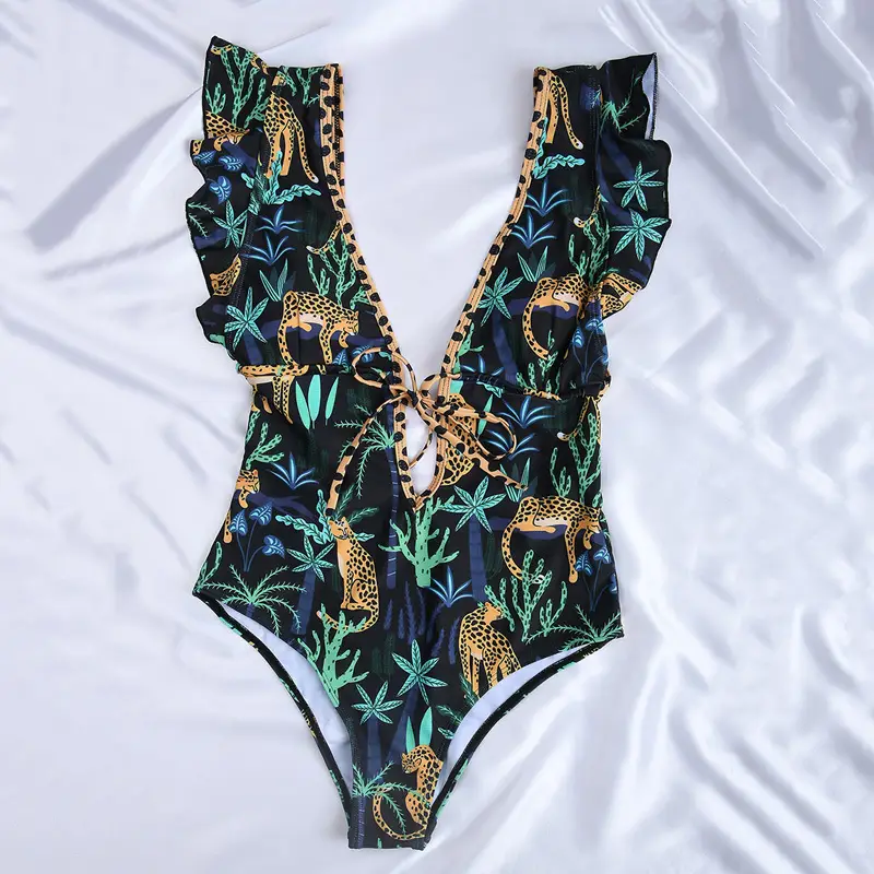 Strap Retro Digital Print Beach Swimsuit