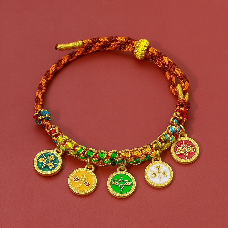 Xizang-Style Hand-Woven Bracelet With Five Wealth Deities, Peach Blossom Bracelet, Ethnic Style Multicolor Rope, Handmade Woven Bracelet, Wholesale For Live Streaming