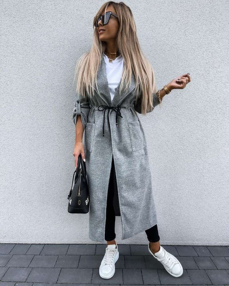 Autumn And Winter Long sleeved Button Lapel Warmth Solid Color Long Woolen Coat Grey - Shop at LoveMi