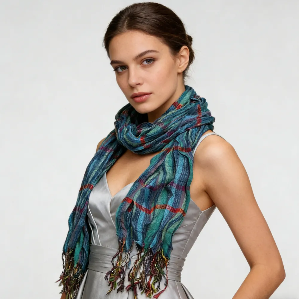Blue Jacquard Crinkle Scarf - Heavy Textured
