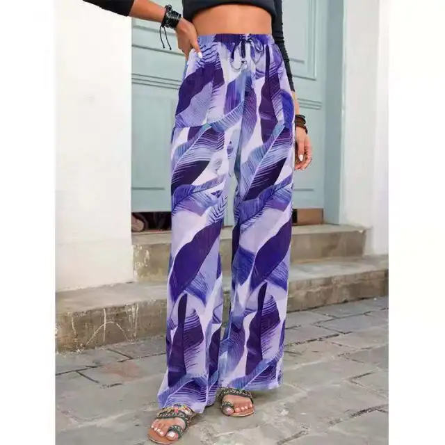 Fashion Drawstring Leaf Print Beach Pants Summer Casual Loose Wide Leg Straight Trousers Womens Clothing Dark Purple - Shop at LoveMi